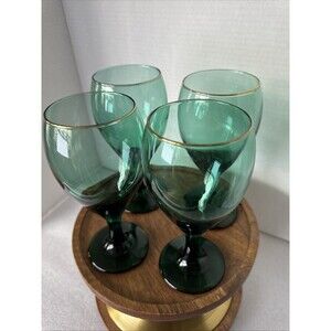 Set of 4  Vintage Libbey Teardrop Juniper Green Wine Goblets Glasses Gold Rims